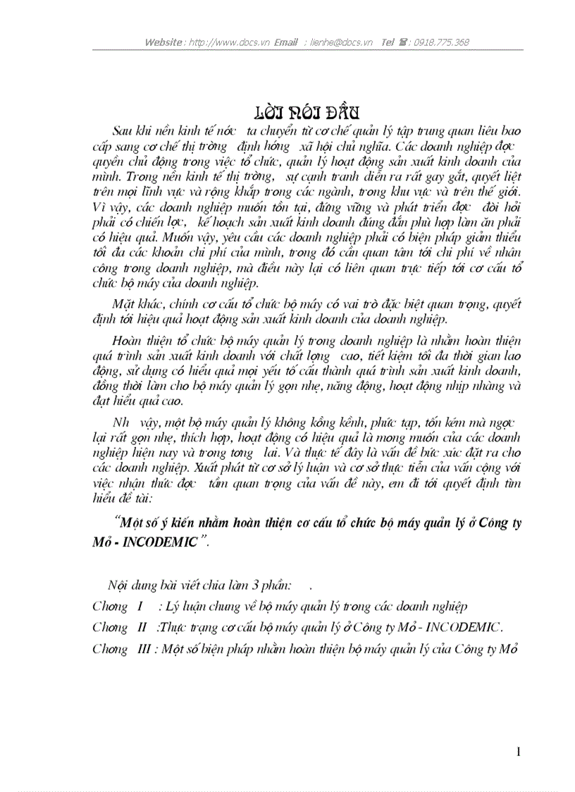 1số ý kiến nhằm hoàn thiện cơ cấu tổ chức bộ máy quản lý ở C ty Mỏ INCODEMIC