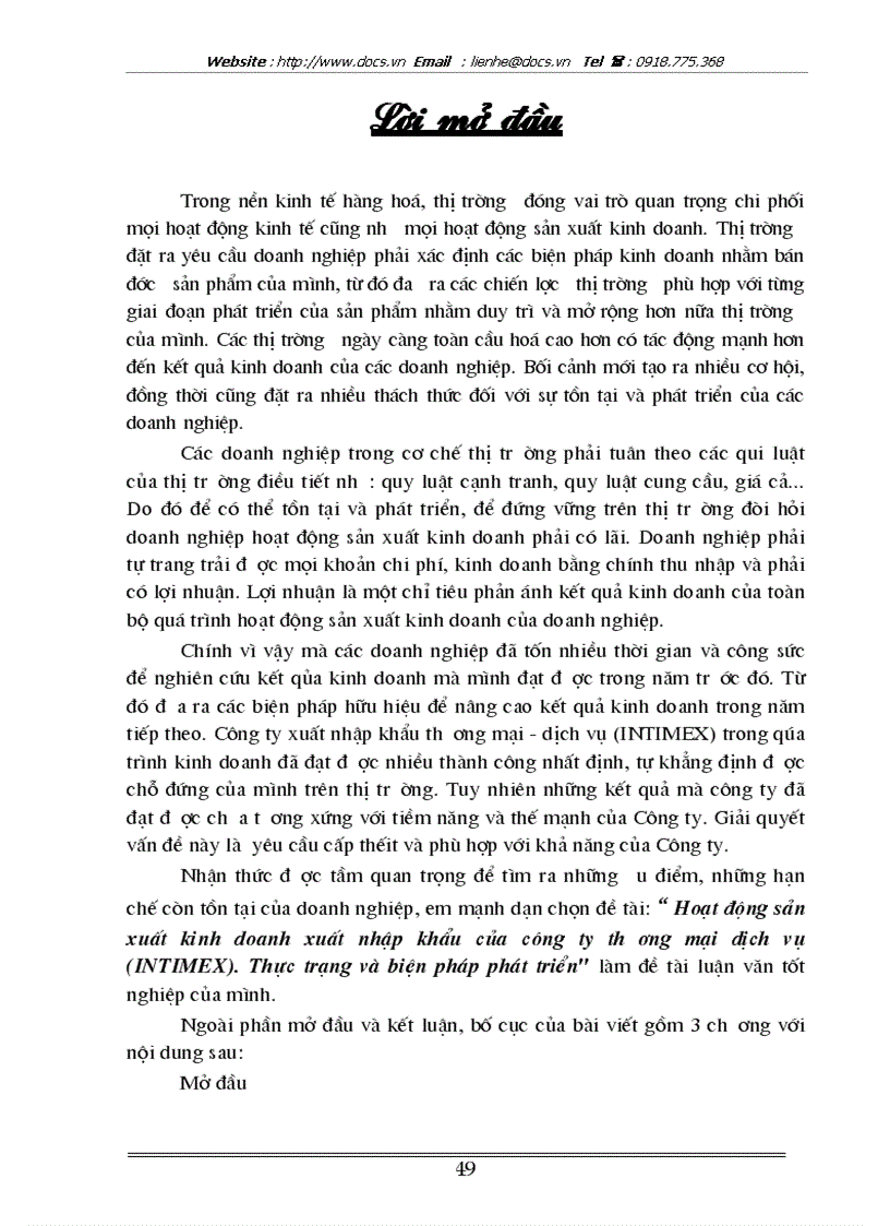 Hoạt động sản xuất kinh doanh xuất nhập khẩu của công ty thương mại dịch vụ INTIMEX Thực trạng và biện pháp phát triển