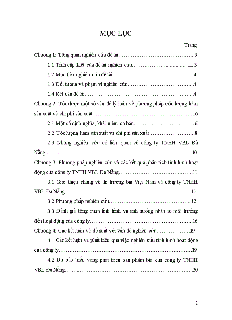 Sử dụng phương pháp ước lượng hàm chi phí sản xuất nhằm hoạch định chính sách phát triển sản phẩm bia của công ty TNHH VBL Đà Nẵng