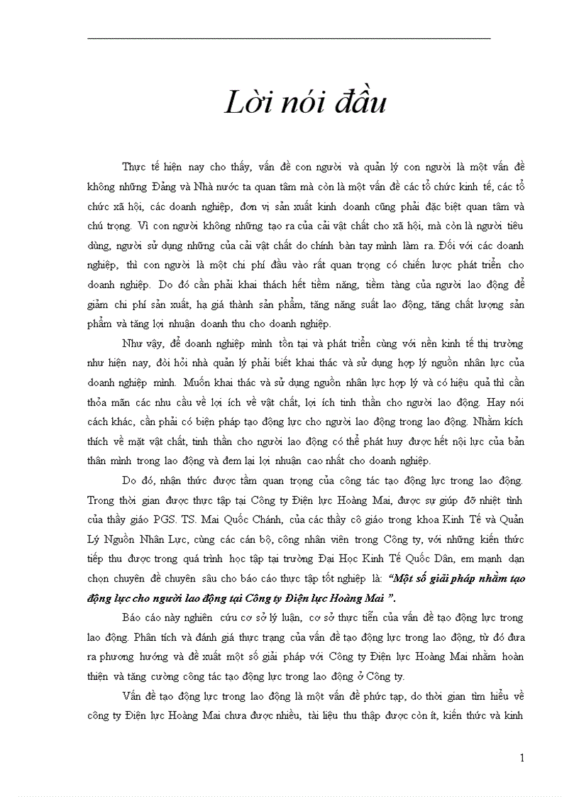 Một số giải pháp nhằm tạo động lực cho người lao động tại Công ty Điện lực Hoàng Mai