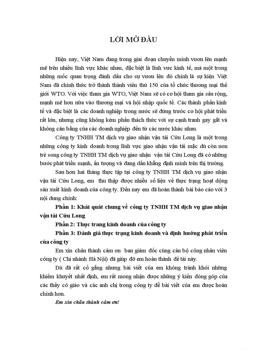 Đánh giá thực trạng kinh doanh và định hướng phát triển của Công ty TNHH TM Dịch vụ giao nhận vận tải Cửu Long Chi nhánh Hà Nội
