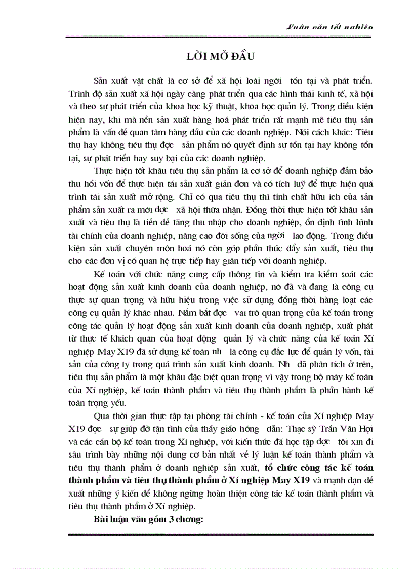 Tổ chức công tác kế toán thành phẩm và tiêu thụ thành phẩm ở Xí nghiệp May X19
