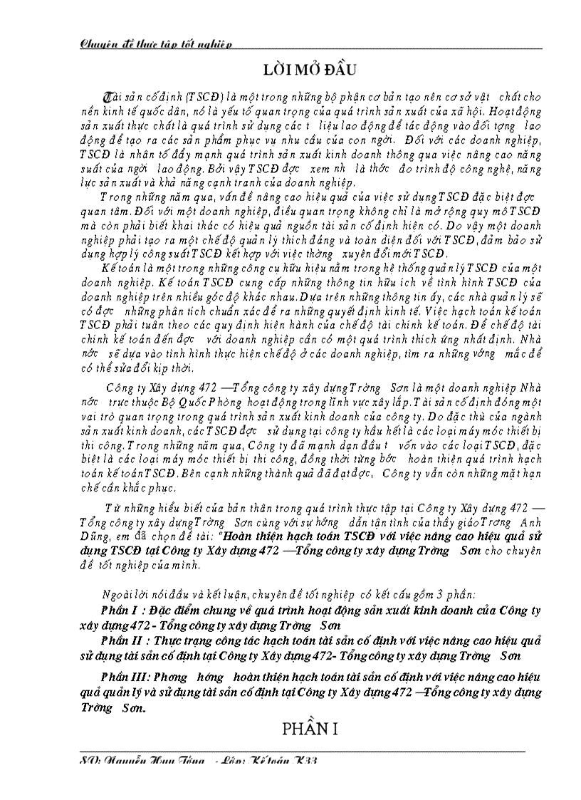 Hoàn thiện hạch toán TSCĐ với việc nâng cao hiệu quả sử dụng TSCĐ tại Công ty Xây dựng 472 Tổng công ty xây dựng Trường Sơn