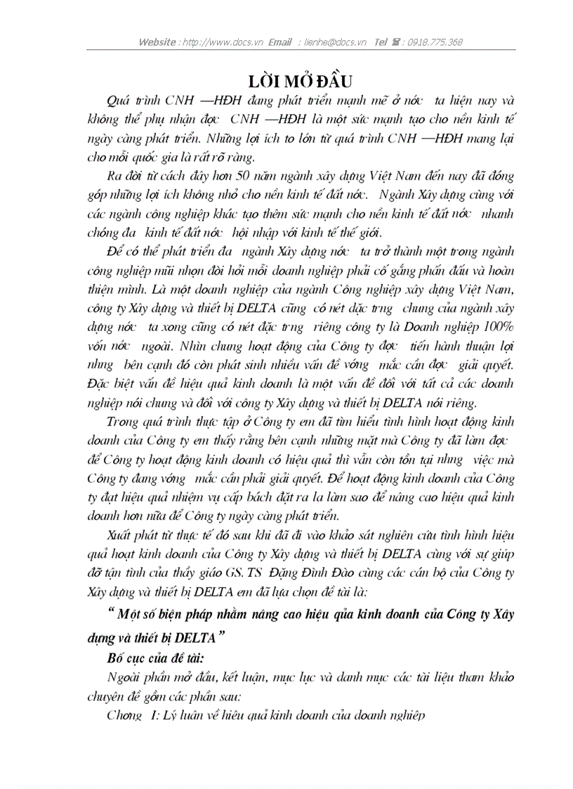 Một số biện pháp nhằm nâng cao hiệu qủa kinh doanh của Công ty Xây dựng và thiết bị DELTA