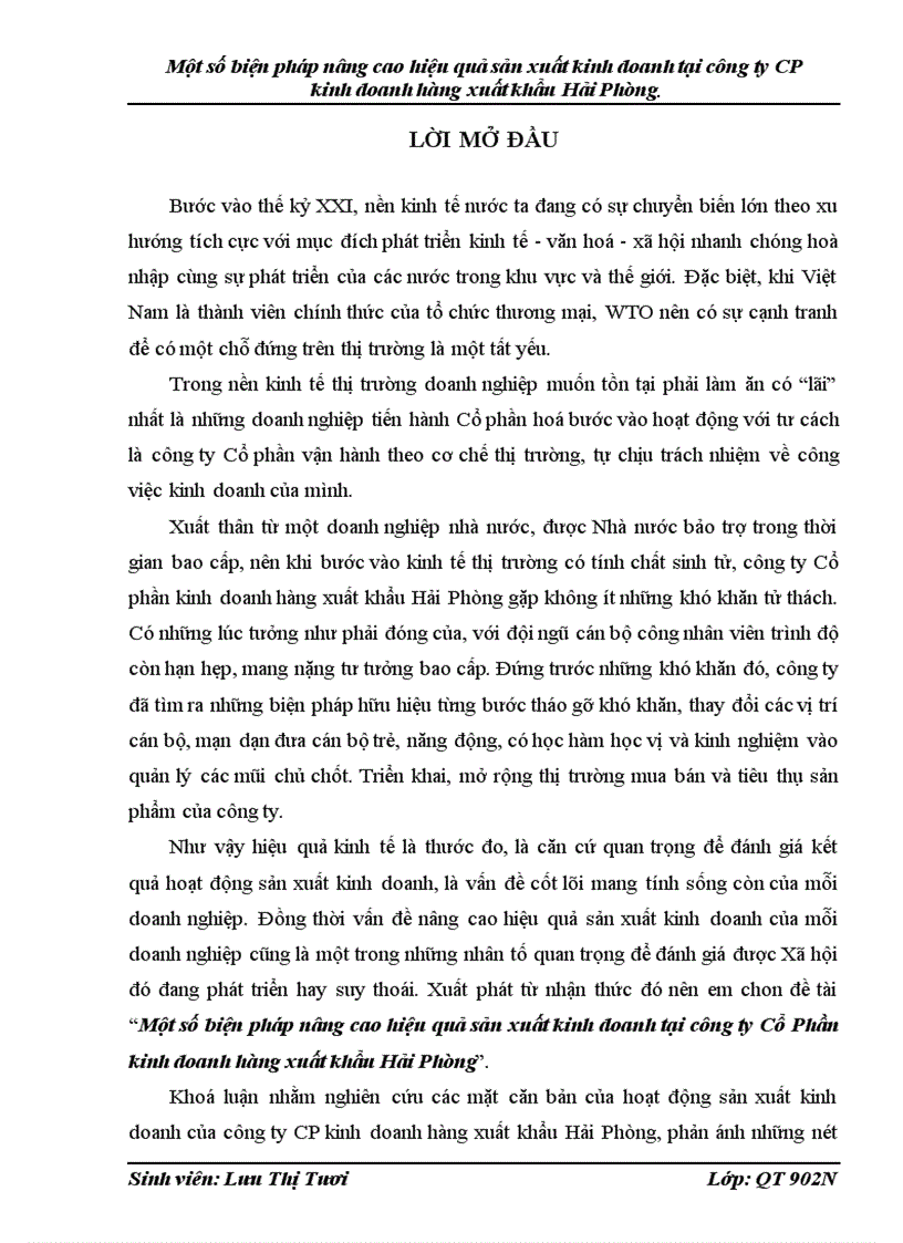 Một số biện pháp nâng cao hiệu quả sản xuất kinh doanh tại công ty CP kinh doanh hàng xuất khẩu Hải Phòng