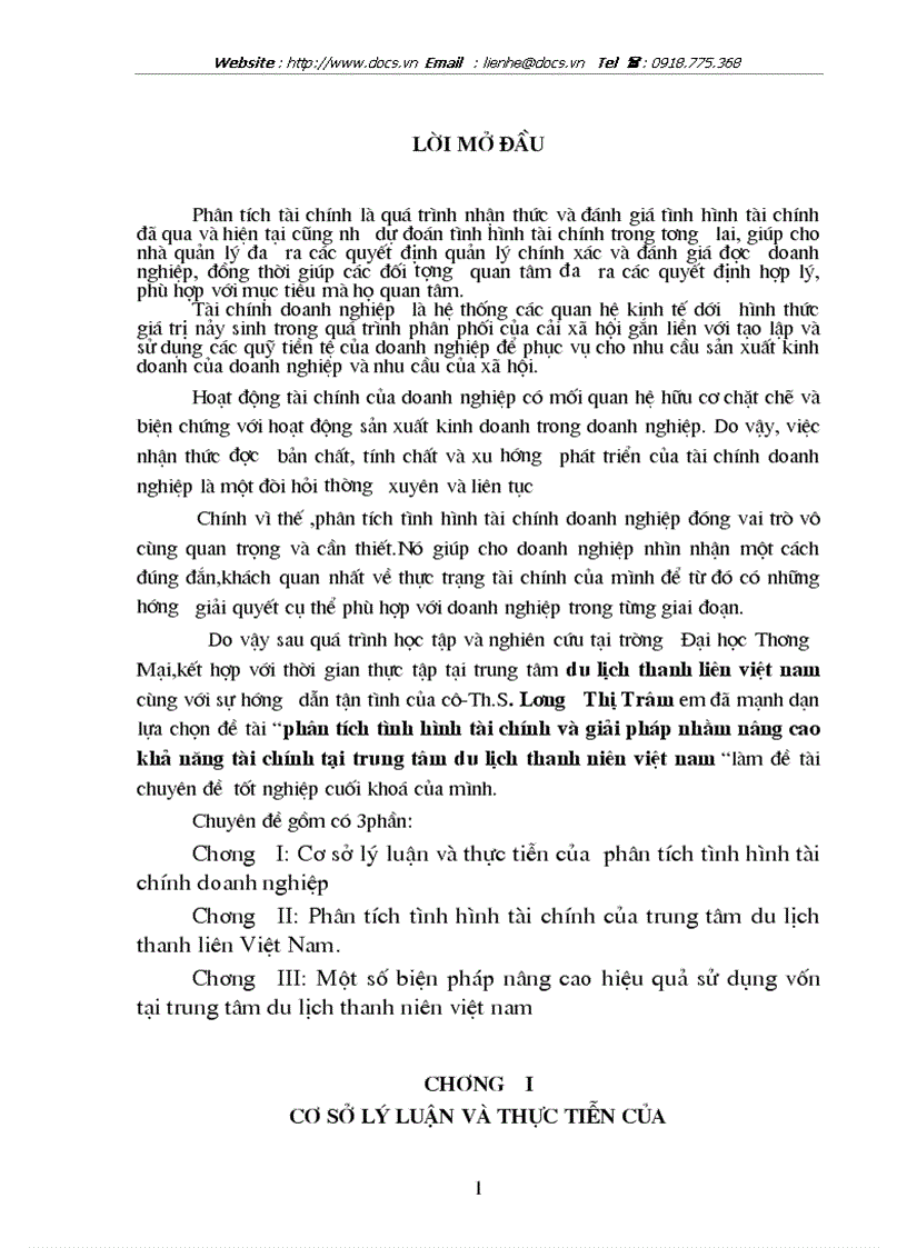 Phân tích tình hình tài chính và giải pháp nhằm nâng cao khả năng tài chính tại trung tâm du lịch thanh niên việt nam