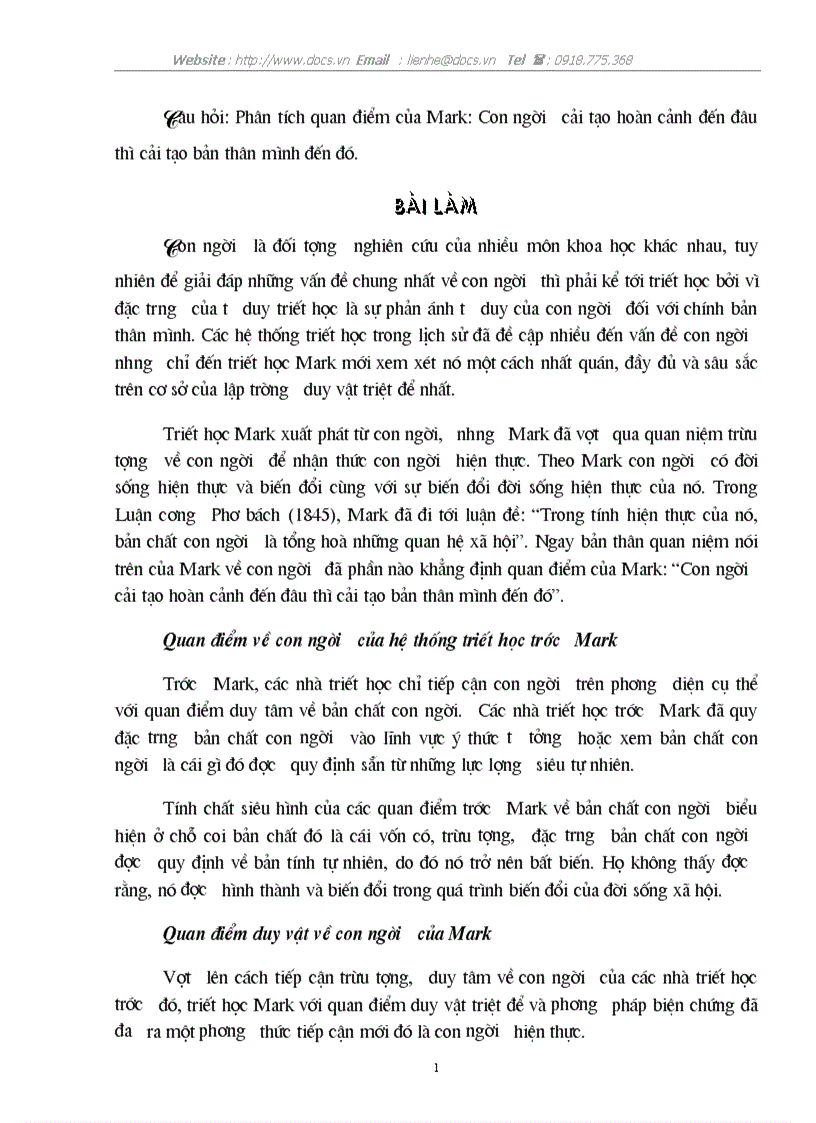 Ptích quan điểm của Mark Con người cải tạo hoành cảnh đến đâu thì cải tạo bản thân đến đó