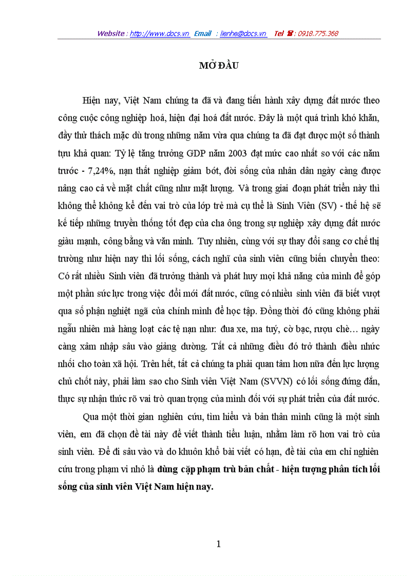 Dùng cặp phạm trù bản chất hiện tượng phân tích lối sống của sinh viên Việt Nam hiện nay
