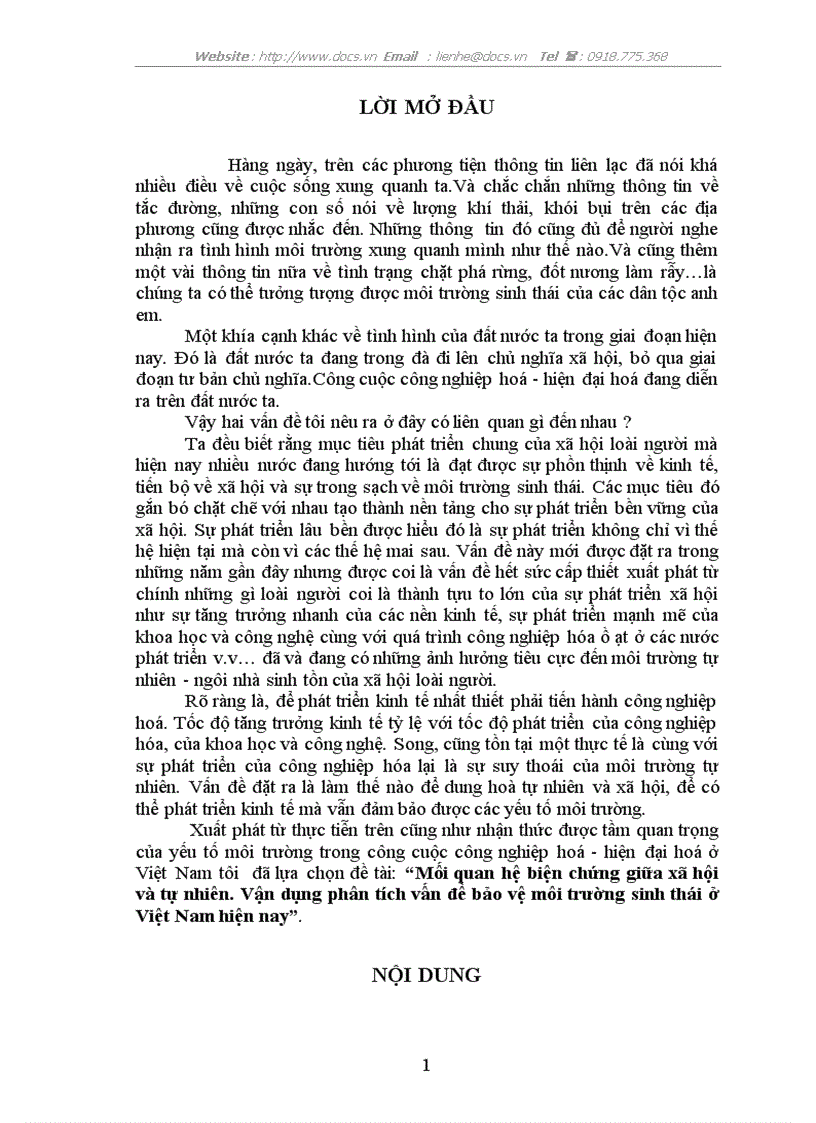 Mối quan hệ biện chứng giữa xã hội tự nhiên Vận dụng P tích vấn đề bảo vệ môi trường sinh thái ở VN hiện nay