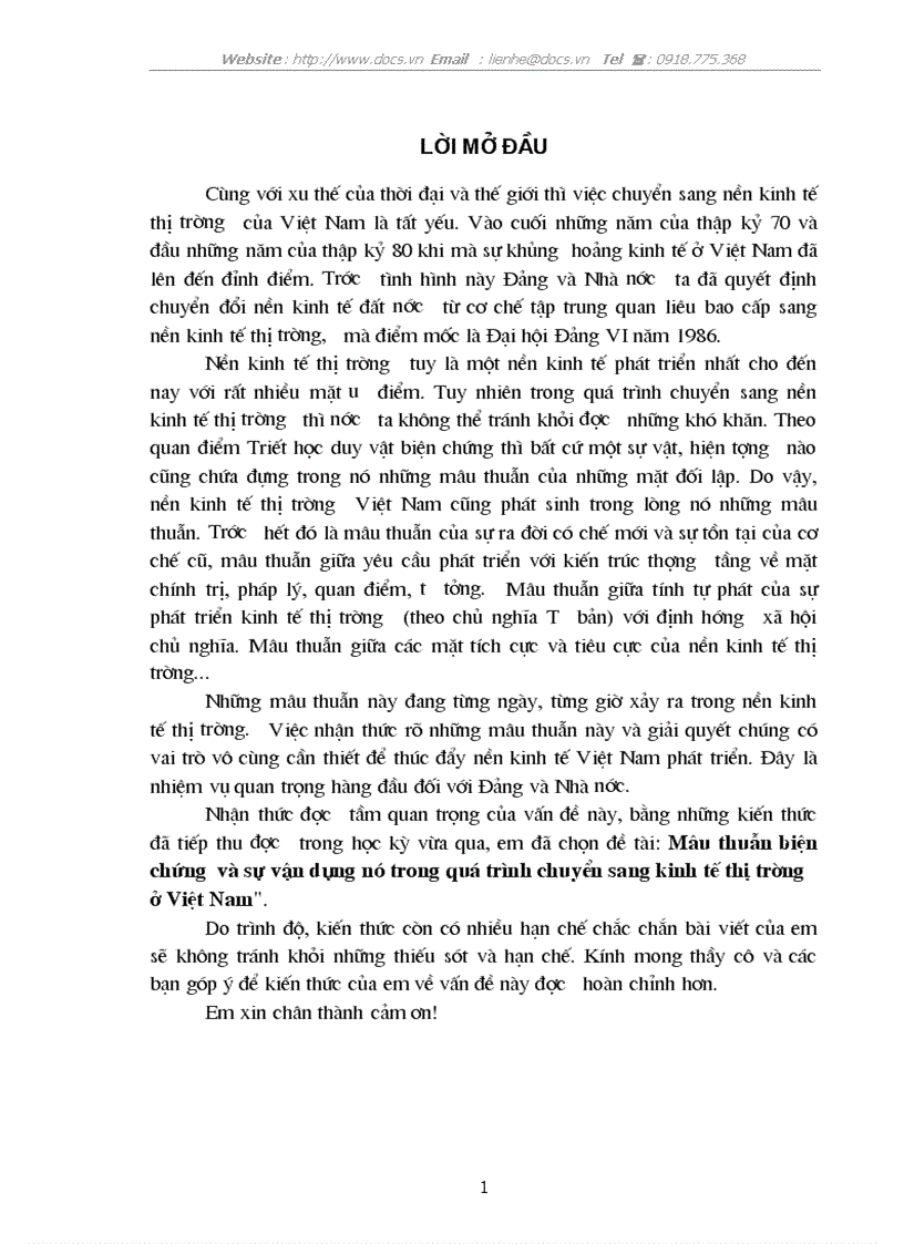 Mâu thuẫn biện chứng và sự vận dụng nó trong quá trình chuyển sang kinh tế thị trường ở Việt Nam
