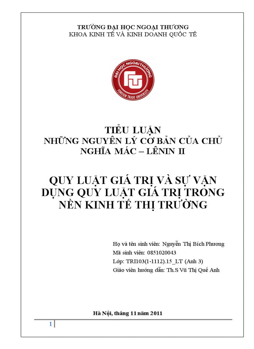 Quy luật giá trị và thực trạng vận dụng quy luật giá trị trong nền kinh tế thị trường