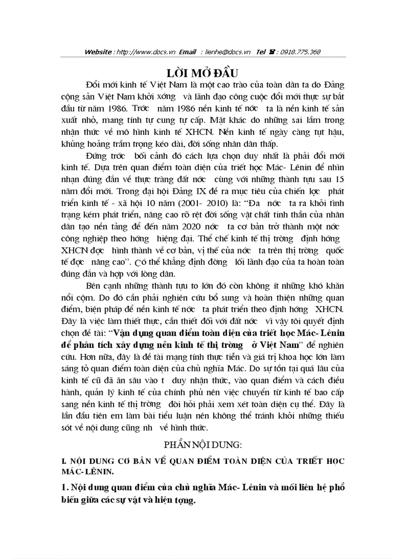 Vận dụng quan điểm toàn diện của triết học Mác Lênin để phân tích xây dựng nền kinh tế thị trường ở Việt Nam