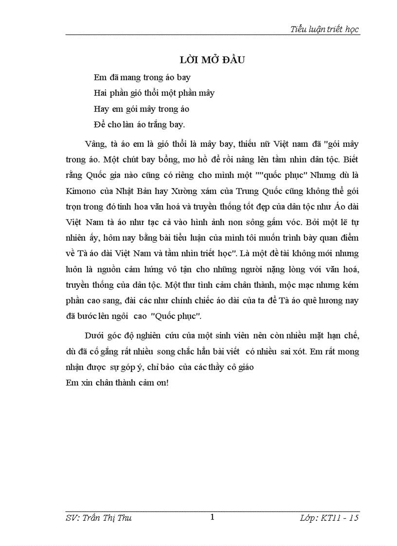 Tà áo dài VN dưới mắt nhìn triết học