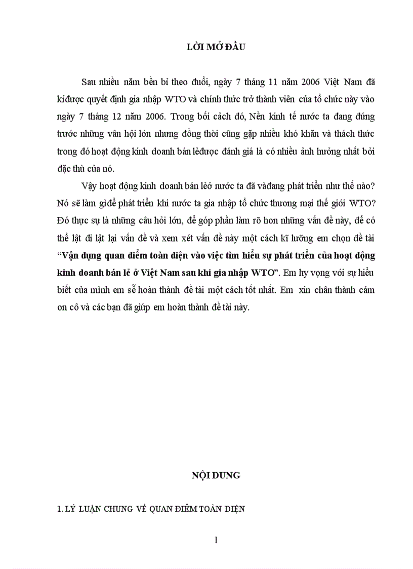 Vận dụng quan điểm toàn diện vào việc tìm hiểu sự phát triển của hoạt động kinh doanh bán lẻ ở Việt Nam sau khi gia nhập WTO