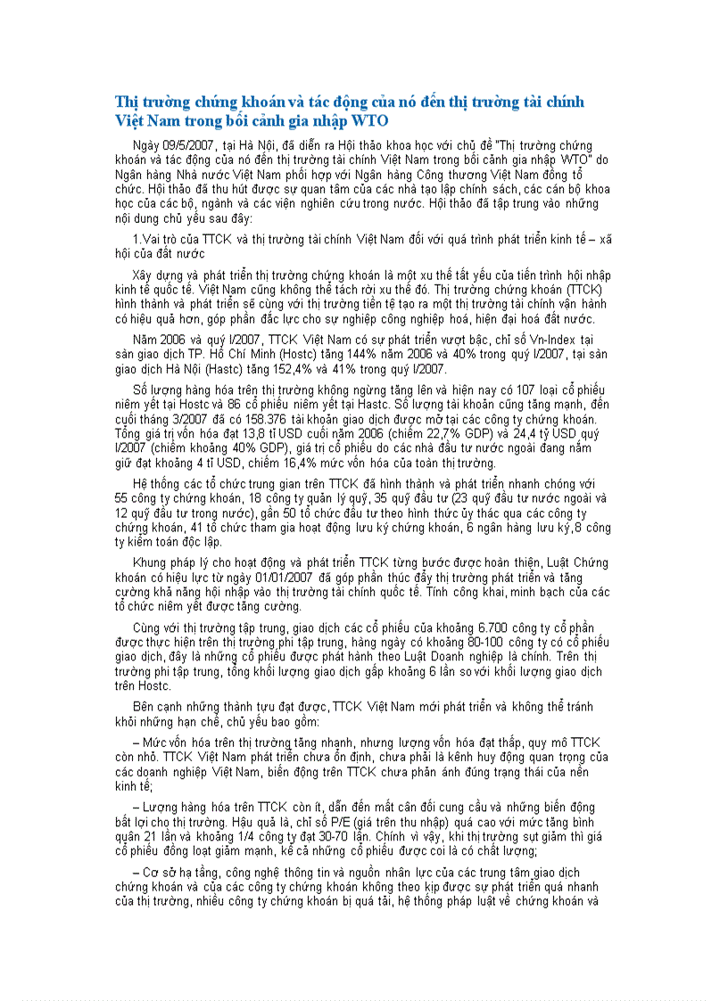 Thị trường chứng khoán và tác động của nó đến thị trường tài chính Việt Nam trong bối cảnh gia nhập WTO