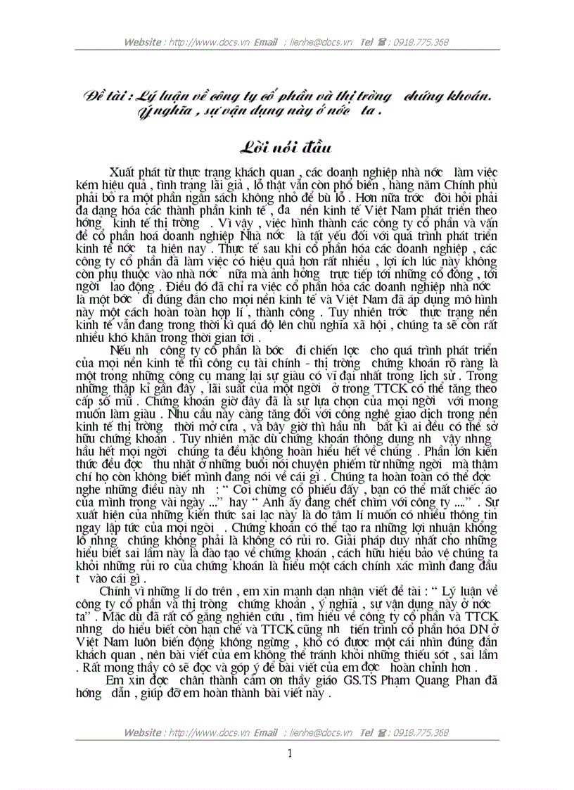 Lý luận về C ty CP thị trường CK Ý nghĩa sự vận dụng này ở nước ta