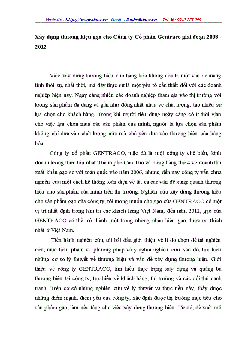 Xây dựng thương hiệu gạo cho Công ty Cổ phần Gentraco giai đoạn 2008 2012