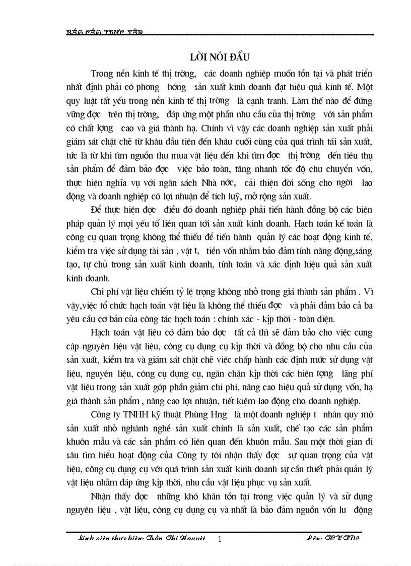 Luận văn Hạch toán vật liệu công cụ dụng cụ của doanh nghiệp sản xuất tại công ty TNHH Kỹ thuật Phùng Hưng