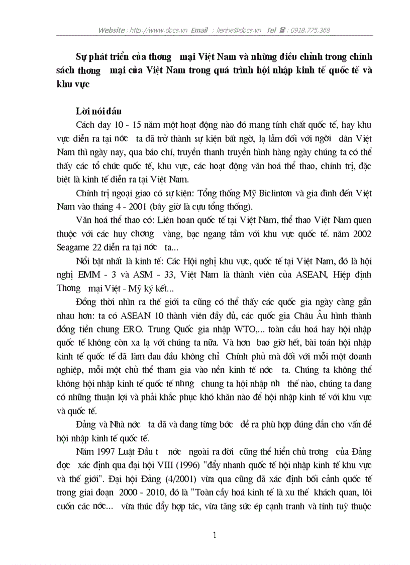 Sự phát triển của thương mại VN những điều chỉnh trong chính sách thương mại của VN trong quá trình hội nhập kinh tế và khu vực