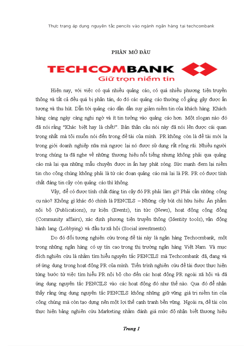 Thực trạng áp dụng nguyên tắc pencils vào ngành ngân hàng tại techcombank