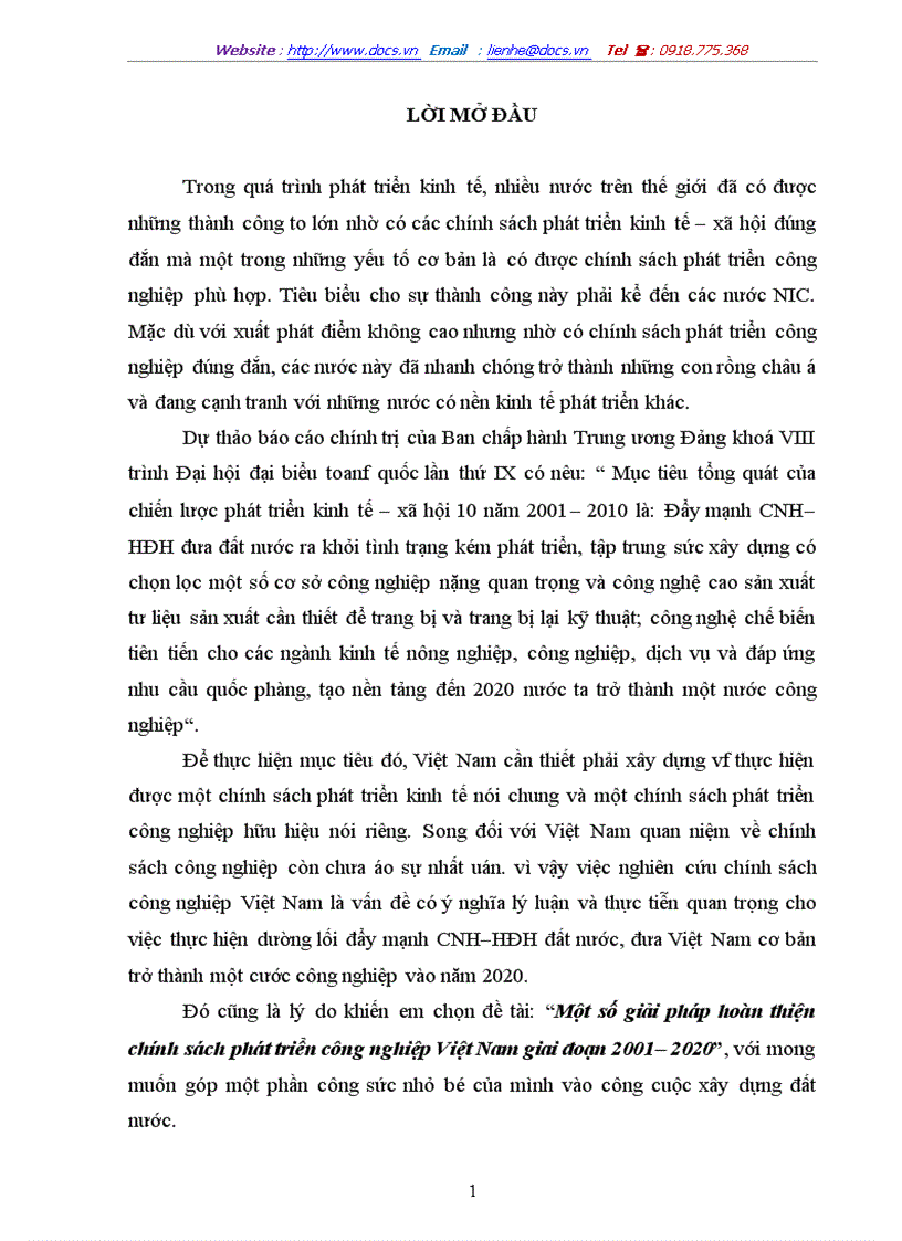 Một số giải pháp hoàn thiện chính sách phát triển công nghiệp Việt Nam giai đoạn 2001 2020