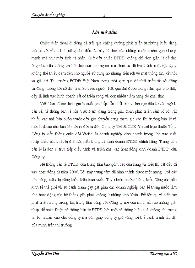 Hoàn thiện hệ thống bán lẻ Điện thoại di động của Trung tâm bán lẻ thuộc Công ty Thương Mại và Xuất nhập khẩu Viettel