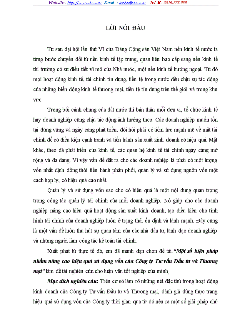 Một số biện pháp nhằm nâng cao hiệu quả sử dụng vốn của Công ty Tư vấn Đầu tư và Thương mại