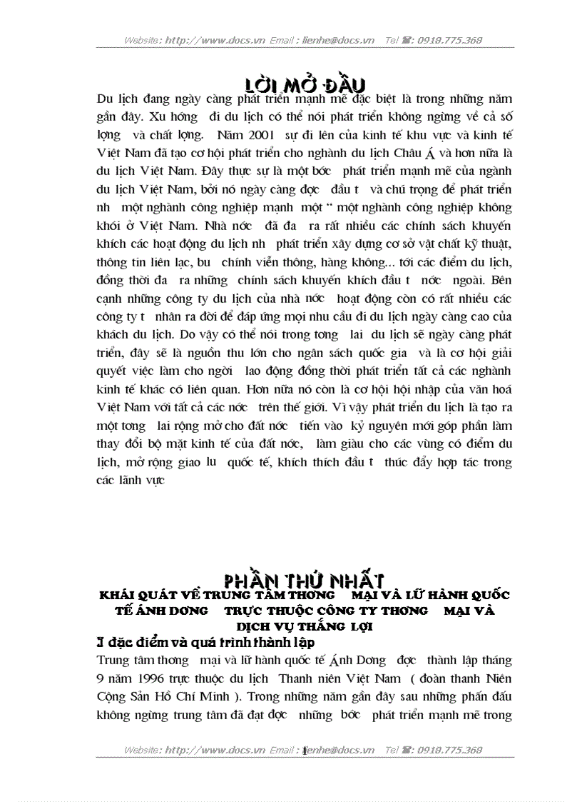 Nghiệp vụ hướng dẫn du lịch tại Trung tâm thương mại lữ hành quốc tế ánh Dương trực thuộc C ty thương mại dịch vụ Thắng Lợi