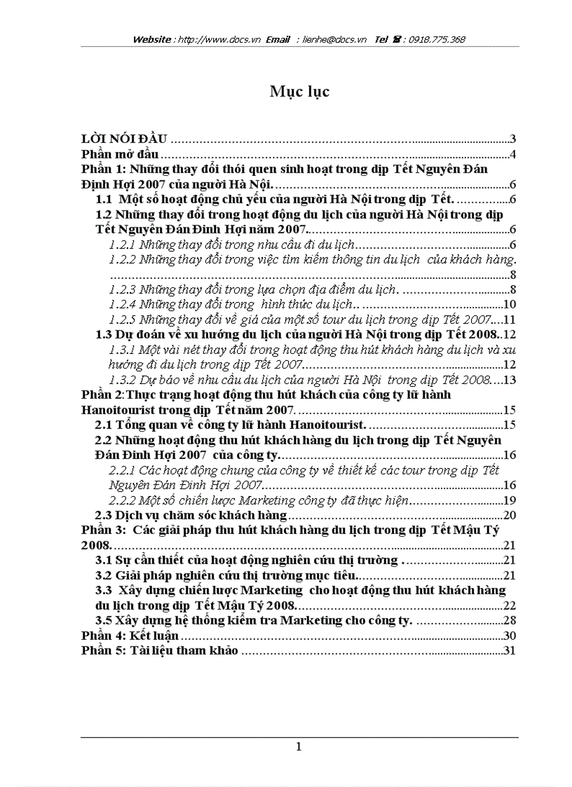 Các giải pháp thu hút khách hàng Hà Nội đi du lịch trong dịp Tết Mậu Tý 2008 của C ty lữ hành Hanoitourist