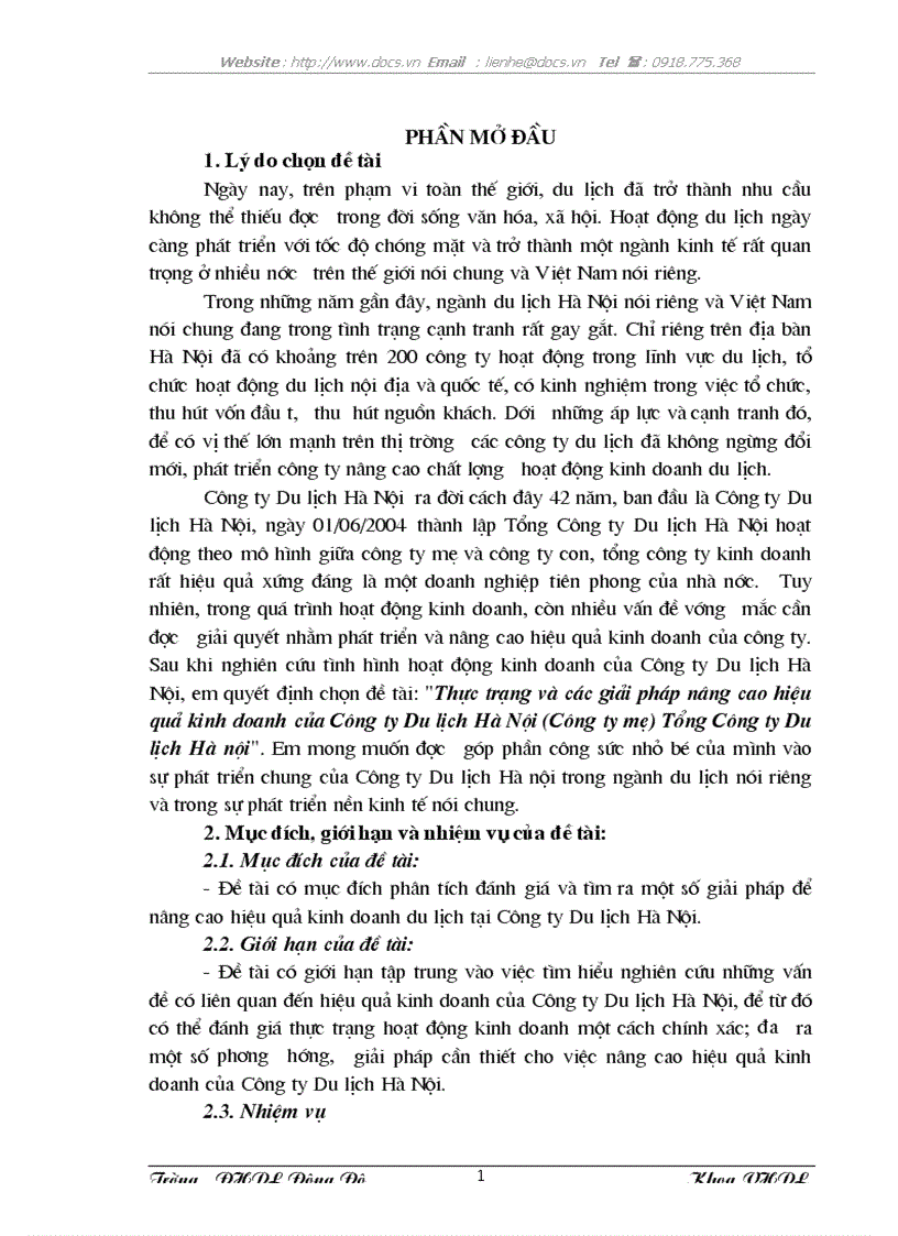 Thực trạng và các giải pháp nâng cao hiệu quả kinh doanh của Công ty Du lịch Hà Nội Công ty mẹ Tổng Công ty Du lịch Hà nội