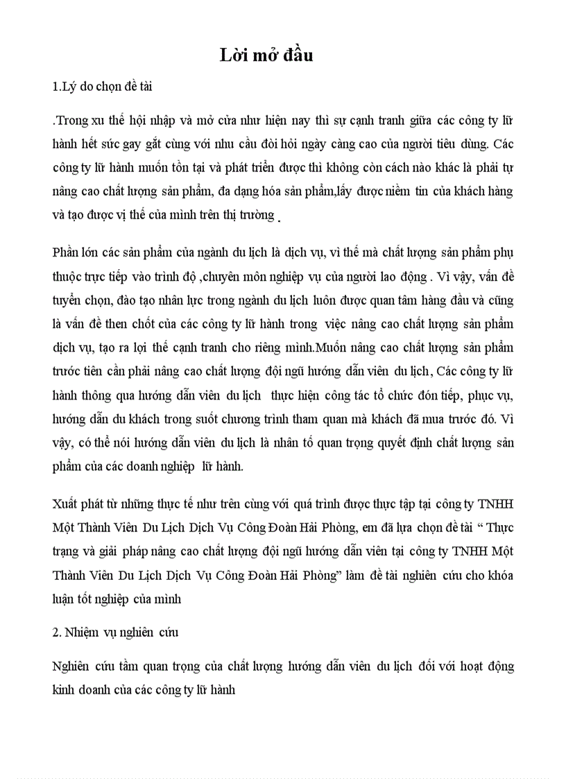 Thực trạng và giải pháp nâng cao chất lượng đội ngũ hướng dẫn viên tại công ty TNHH Một Thành Viên Du Lịch Dịch Vụ Công Đoàn Hải Phòng