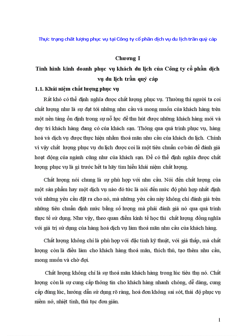 Thực trạng chất lượng phục vụ tại Công ty cổ phần dịch vụ du lịch trần quý cáp