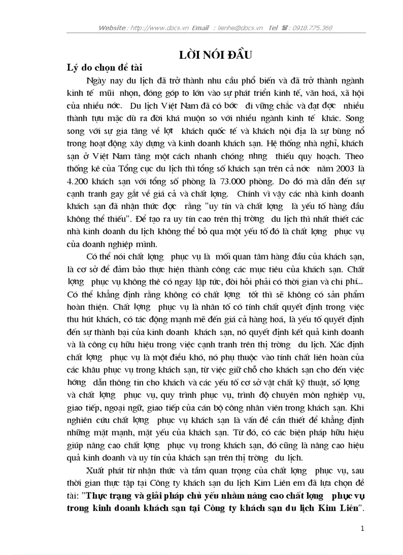 Thực trạng và giải pháp chủ yếu nhằm nâng cao chất lượng phục vụ trong kinh doanh khách sạn tại Công ty khách sạn du lịch Kim Liên