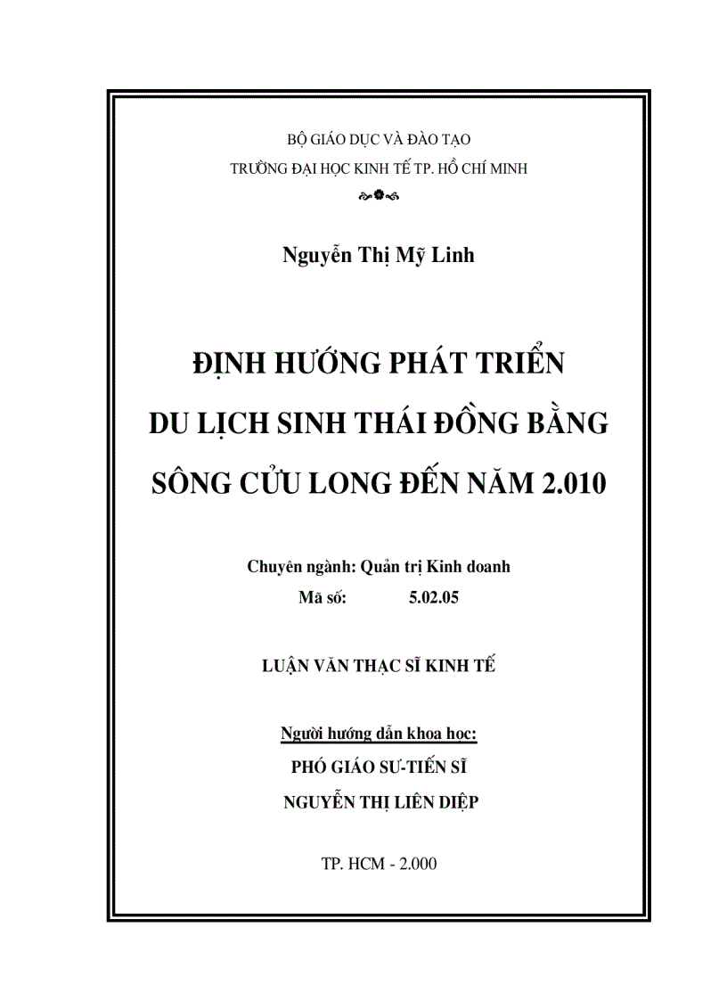 Định hướng phát triển du lịch sinh thái đồng bằng Sông Cửu Long đến năm 2010