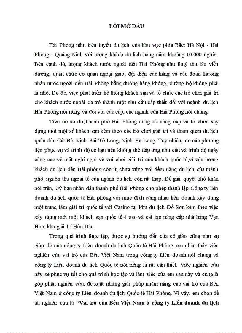 Vai trò của Bên Việt Nam ở công ty Liên doanh du lịch Quốc tế Hải Phòng thực trạng bài học và giải pháp