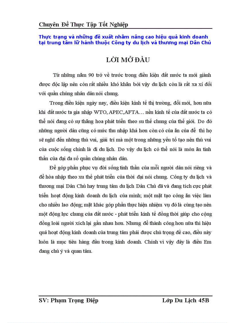 Thực trạng và những đề xuất nhằm nâng cao hiệu quả kinh doanh tại trung tâm lữ hành thuộc Công ty du lịch và thương mại Dân Chủ