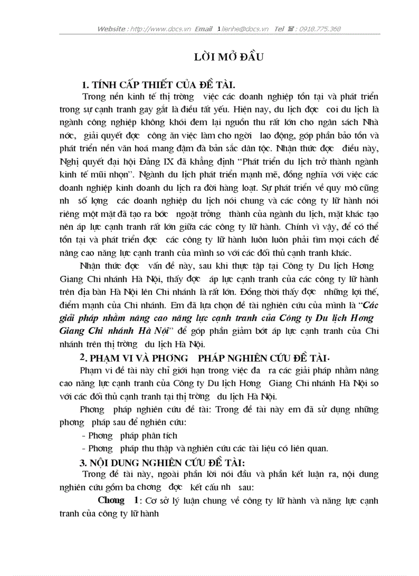 Các giải pháp nhằm nâng cao năng lực cạnh tranh của C ty Du lịch Hương Giang Chi nhánh Hà Nội
