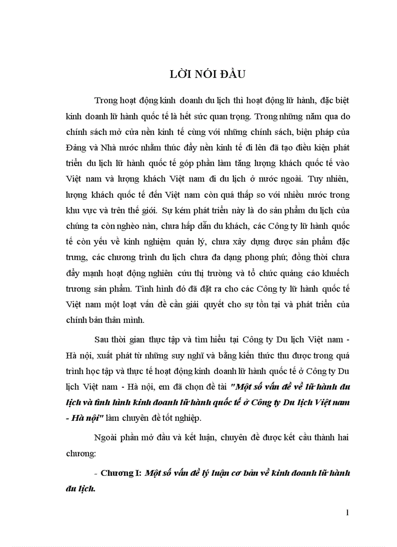 Một số vấn đề về lữ hành du lịch và tình hình kinh doanh lữ hành quốc tế ở Công ty Du lịch Việt nam Hà nội
