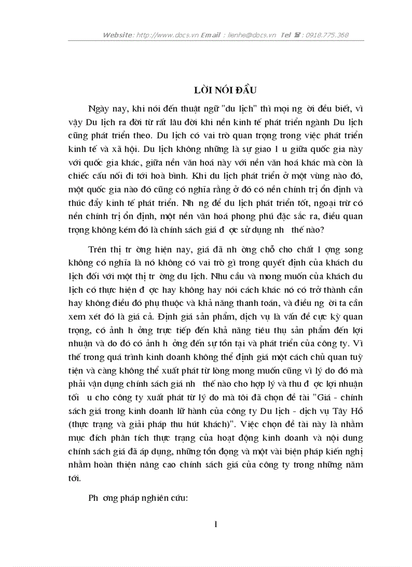 Giá chính sách giá trong kinh doanh lữ hành của C ty du lịch dịch vụ Tây Hồ thực trạng giải pháp thu hút khách