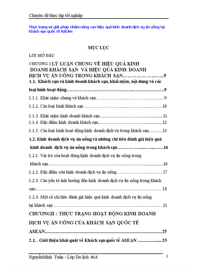 Thực trạng và giải pháp nhằm nâng cao hiệu quả kinh doanh dịch vụ ăn uống tại Khách sạn quốc tế ASEAN