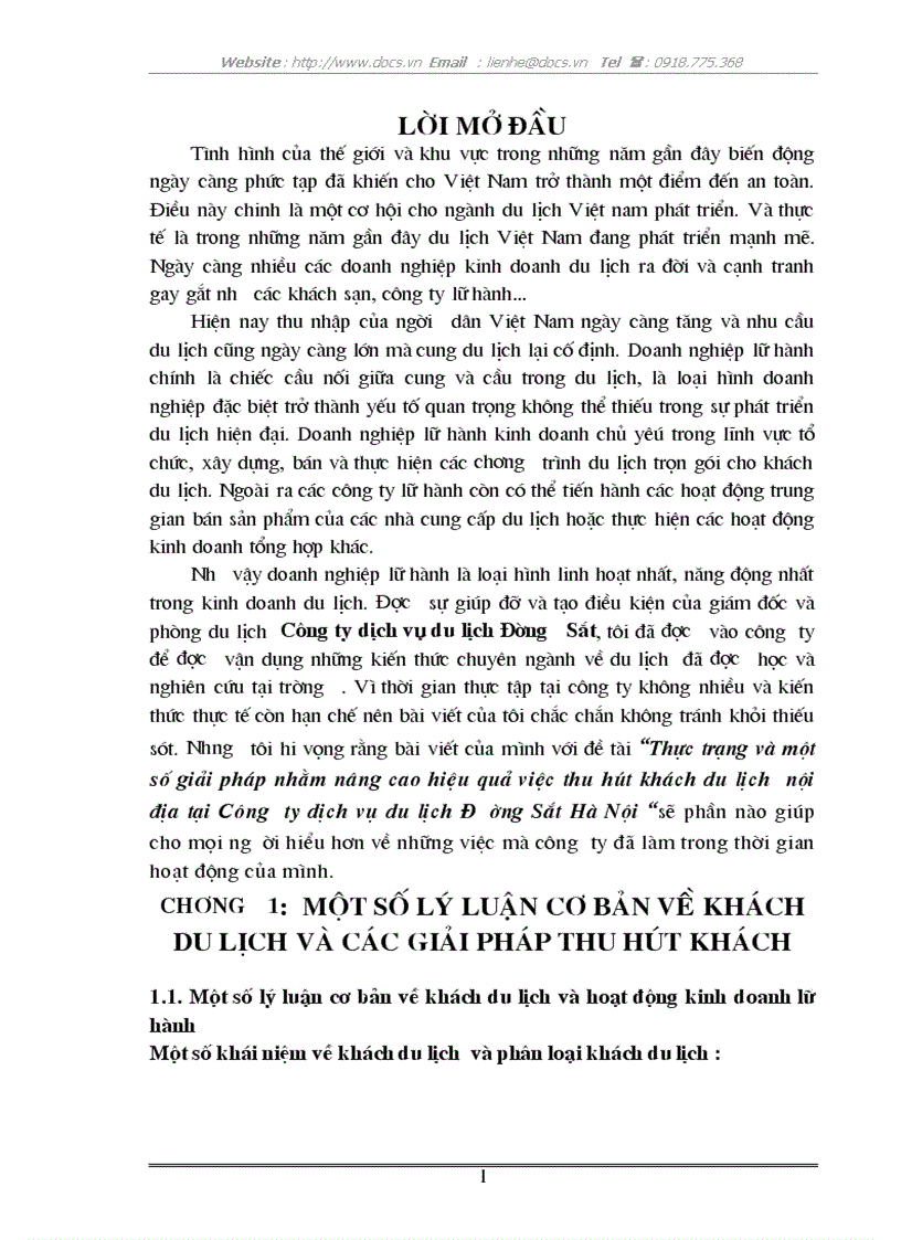 Thực trạng và một số giải pháp nhằm nâng cao hiệu quả việc thu hút khách du lịch nội địa tại Công ty dịch vụ du lịch Đường Sắt Hà Nội
