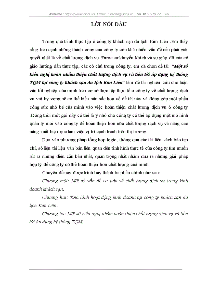 Một số kiến nghị hoàn nhằm thiện chất lượng dịch vụ và tiến tới áp dụng hệ thống TQM tại công ty khách sạn du lịch Kim Liên