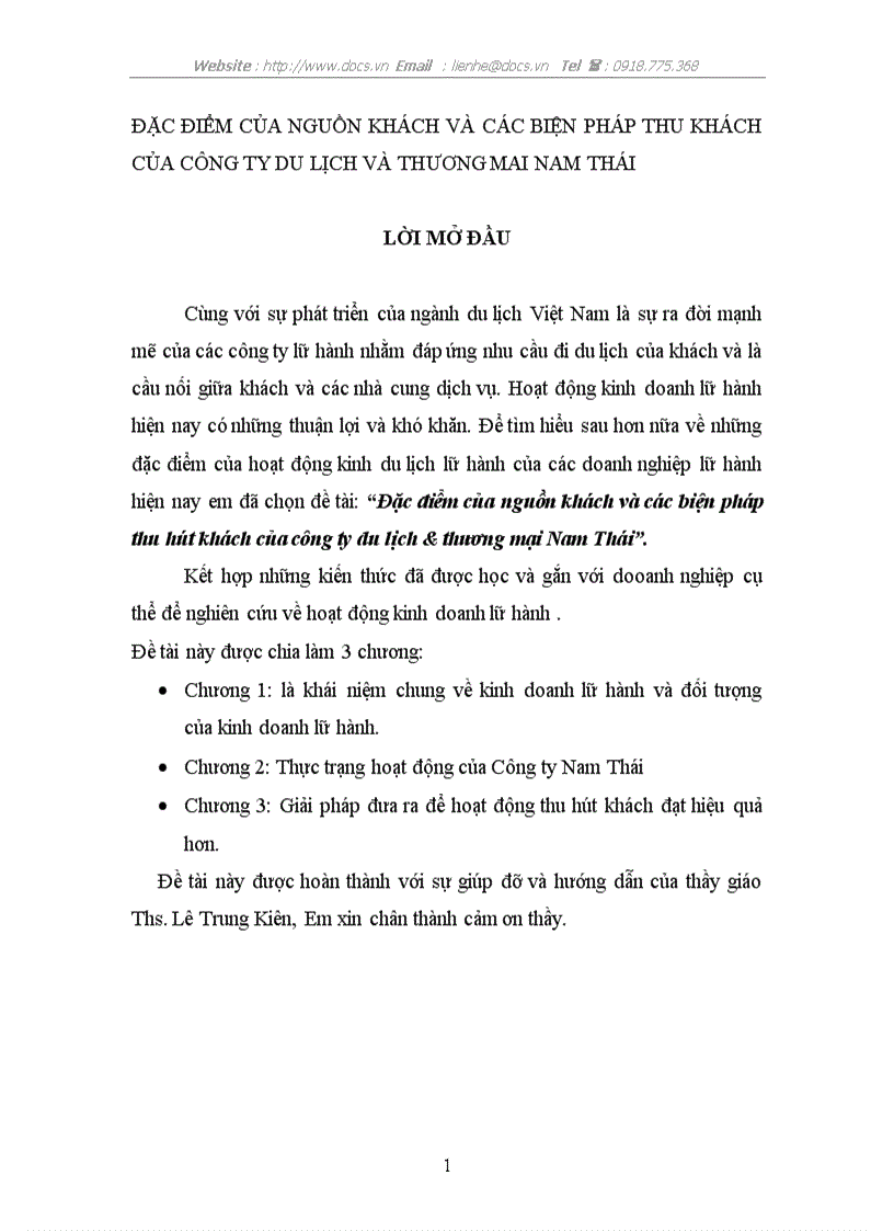 Đặc điểm của nguồn khách và các biện pháp thu hút khách của công ty du lịch thương mại Nam Thái
