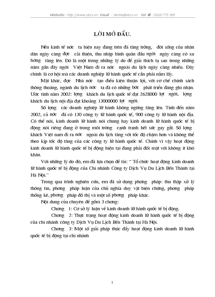 Tổ chức hoạt động kinh doanh lữ hành quốc tế bị động của Chi nhánh C ty Dịch Vụ Du Lịch Bến Thành tại Hà Nội