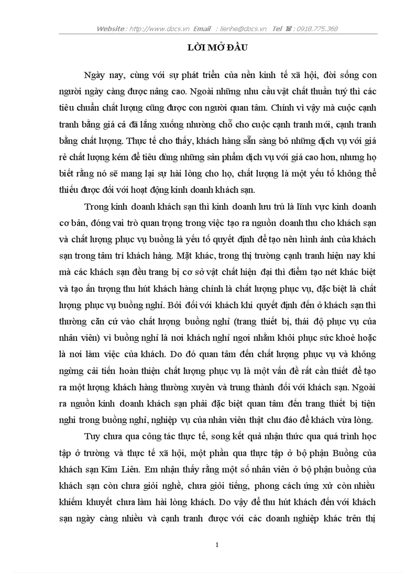 Thực trạng và một số giải pháp nhằm hoàn thiện chất lượng phục vụ buồng tại Khách Sạn Kim Liên