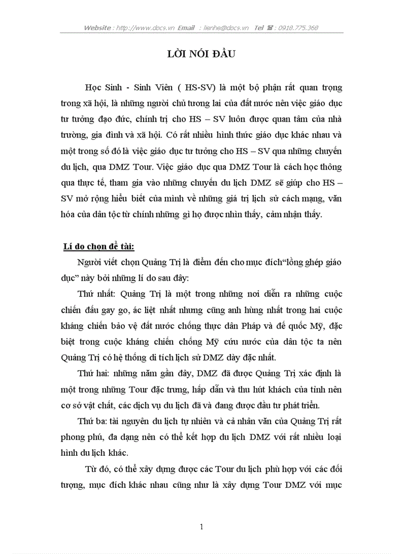 Xây dựng DMZ Tour tại Quảng Trị với mục đích lồng ghép giáo dục tư tưởng cho học sinh sinh viên