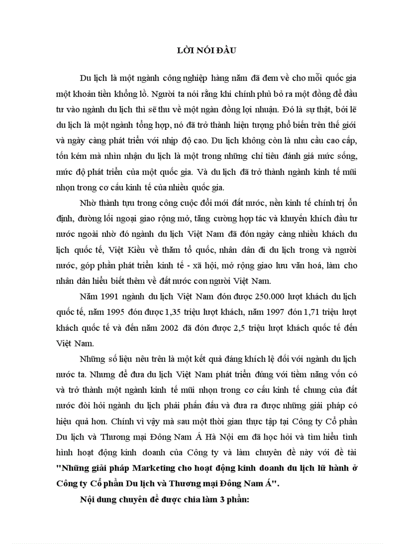 Những giải pháp Marketing cho hoạt động kinh doanh du lịch lữ hành ở Công ty Cổ phần Du lịch và Thương mại Đông Nam Á