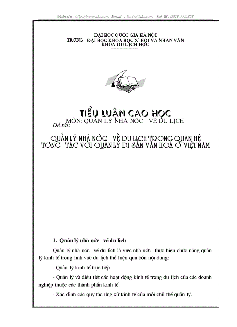 Quản lý nhà nước về du lịch trong quan hệ tương tác với quản lý di sản văn hoá ở việt nam