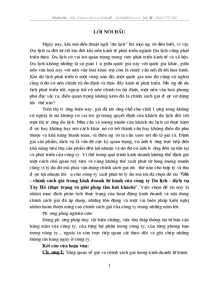 Giá chính sách giá trong kinh doanh lữ hành của công ty Du lịch dịch vụ Tây Hồ thực trạng và giải pháp thu hút khách
