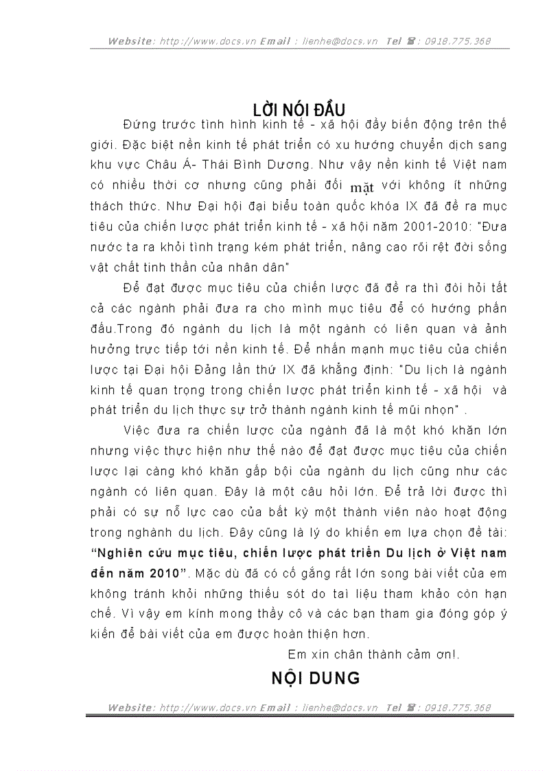 Nghiên cứu mục tiêu chiến lược phát triển du lịch ở VN đến 2010